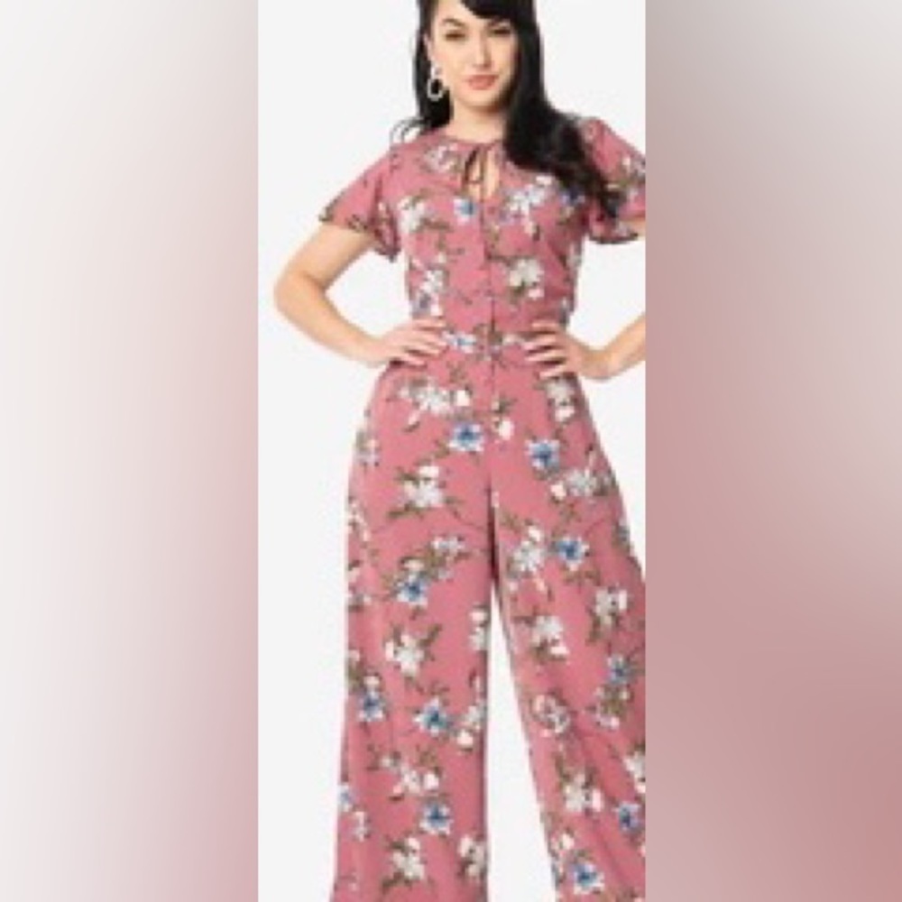 Unique Vintage 1960s Mauve Pink Floral Print Orleans Jumpsuit S/4